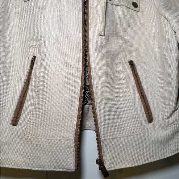 Original Penguin Woman’s Ivory Linen Cropped Motorcycle Style Jacket Small - Picture 2 of 8